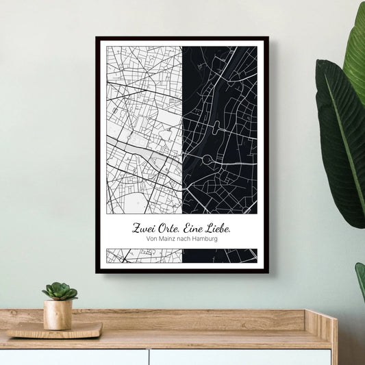Personalisiertes Doppel - Stadtplan Poster – "Zwei Orte. eine Liebe." - Momeries
